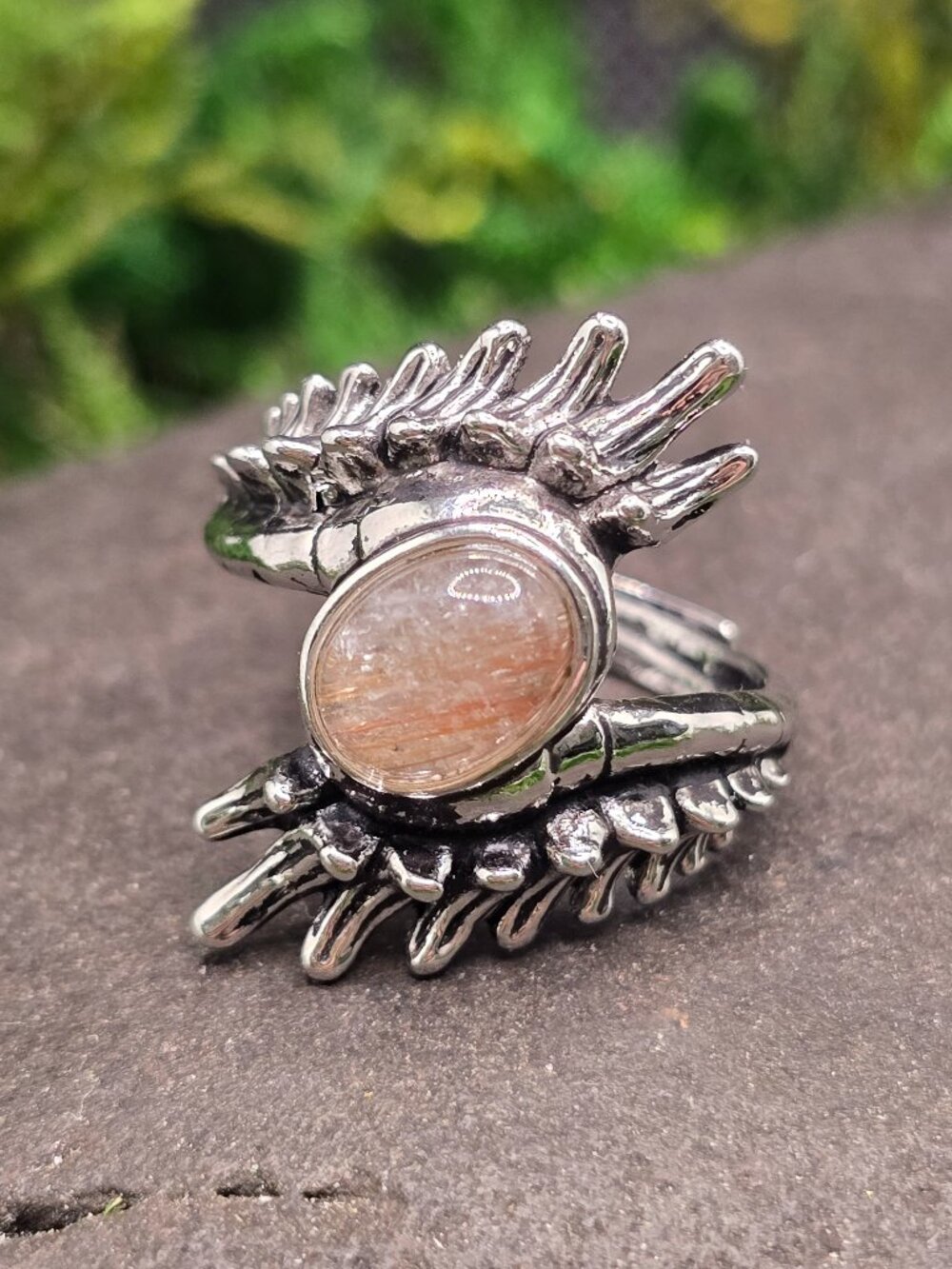Golden Rutilated Quartz Spine Bone Adjustable Ring Size 6-10 Gothic Jewelry